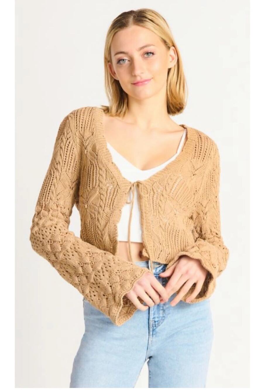 Zara bell sleeve crochet knit sweater tie cardigan tan